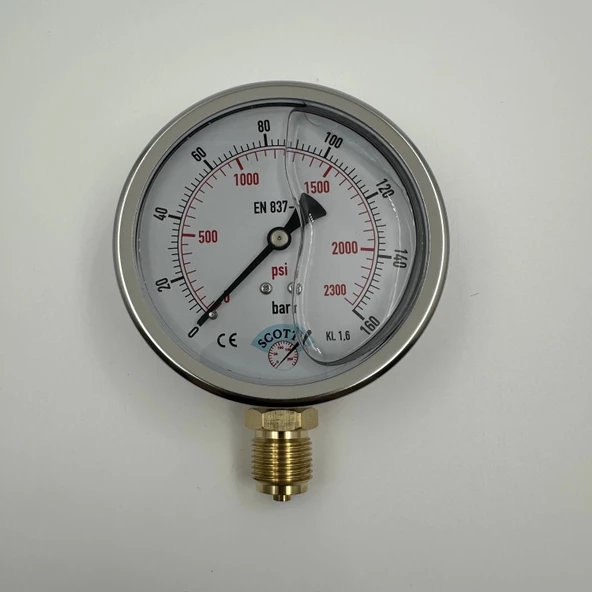 Manometre Gliserinli Alttan Çıkışlı Q100 - 0 - 160 Bar 1/2 - 2