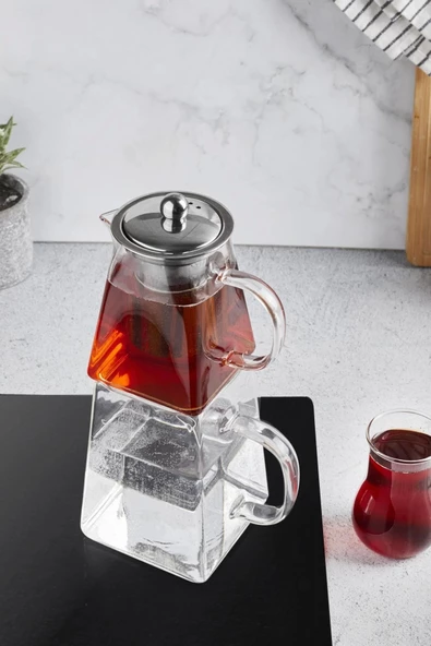 Saqqara Borasilikat Cam Çaydanlık Takımı Kare Tasarım Çelik Filtre Isıya Dayanıklı Demlik 1450ml. - 2