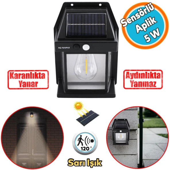 Sensörlü Güneş Enerjili Dış Aydınlatma 2 Modlu Işıklandırma Sarı Işıklı Aplik 5 W Portatif Fener Lamba ürün görseli 1