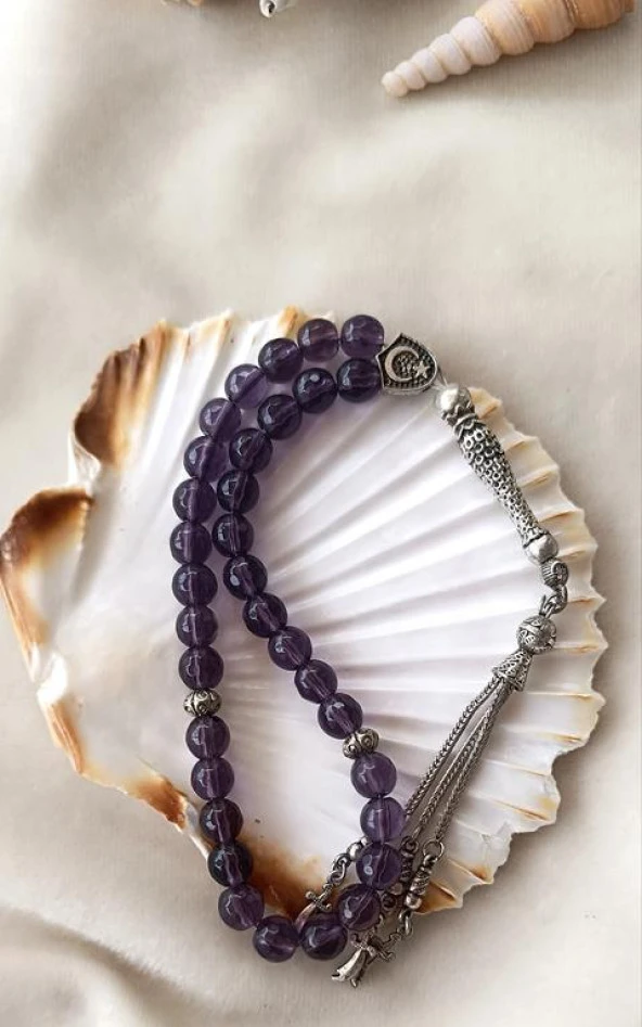 Tesbih 33 lük 8 mm Ametist Doğal Taşı Küre Kesim Tespih Namaz