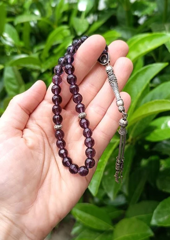 Tesbih 33 lük 8 mm Ametist Doğal Taşı Küre Kesim Tespih Namaz - 2