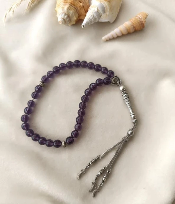 Tesbih 33 lük 8 mm Ametist Doğal Taşı Küre Kesim Tespih Namaz - 3