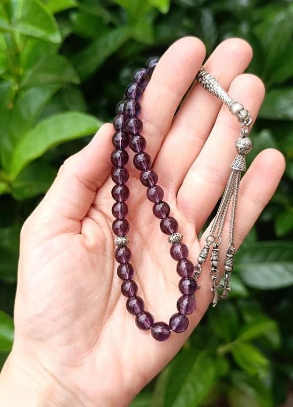 Tesbih 33 lük 8 mm Ametist Doğal Taşı Küre Kesim Tespih Namaz - 4
