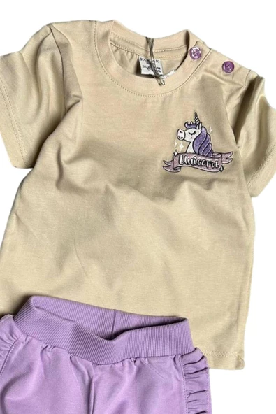 Kız Bebek Unicorn Nakış İşlemeli Tişört Yanları Fırfırlı Lila Şortlu Takım - 2