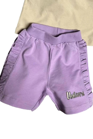 Kız Bebek Unicorn Nakış İşlemeli Tişört Yanları Fırfırlı Lila Şortlu Takım - 3