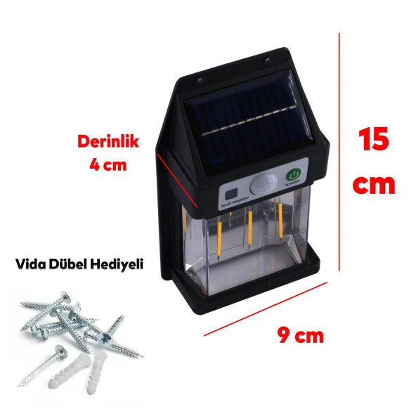 Sensörlü Güneş Enerjili Dış Aydınlatma Yeni Nesil Ampül Sensörlü Sarı Işıklı Aplik 15 W Portatif Fener Lamba - 4