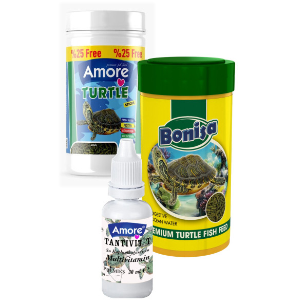 Amore Turtle Green Sticks 125 + 250 ml Bonisa Su Kaplumbağası Yemi ve Vitamini 3lü Set