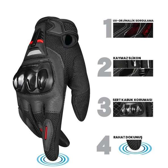 One's Again MG07 Yazlık Korumalı Uzun Parmaklı Motosiklet Eldiveni Kırmızı L Beden - 2