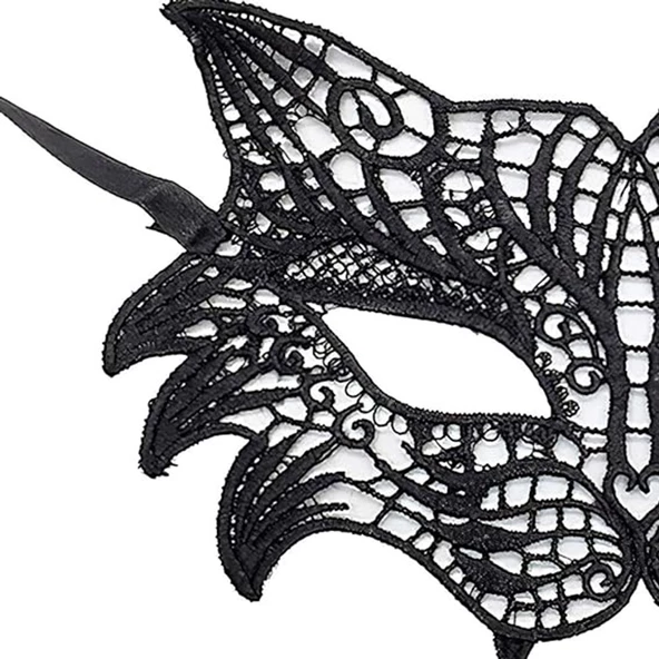 Siyah Renk Kedi Model Dantel İşleme Parti Maskesi 8 No - Resim 2
