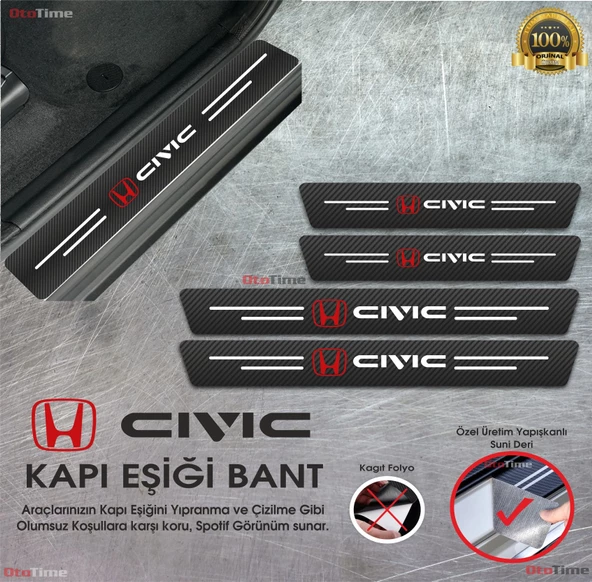 Civic Yazılı Karbon Kapı Eşiği Koruyucu Suni Deri 4'lü Set