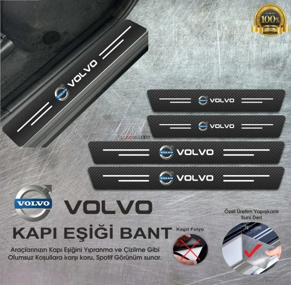 Volvo Logolu Karbon Kapı Eşiği Koruyucu Suni Deri 4'lü Set