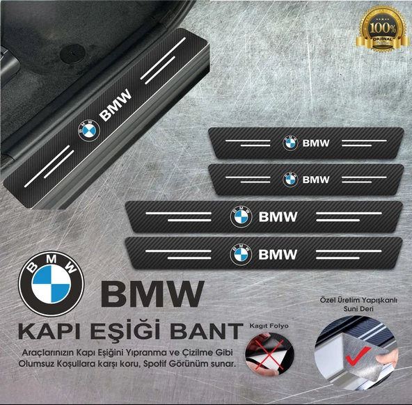 BMW Yazılı Karbon Kapı Eşiği Koruyucu Suni Deri 4'lü Set