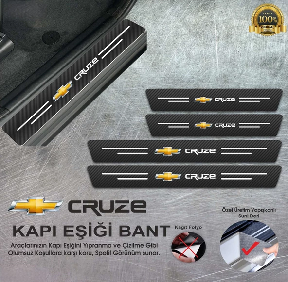 Chevrolet Cruze Yazılı Karbon Kapı Eşiği Koruyucu Suni Deri 4'lü Set