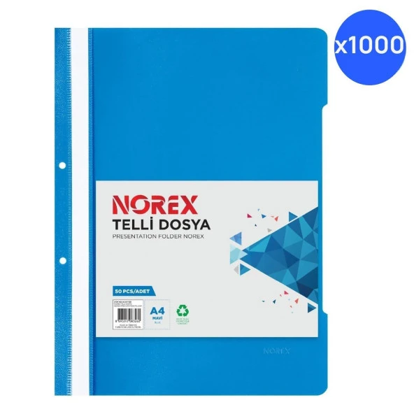 Norex Telli Dosya Mavi 50 Li (20 Paket) 1.000 Adet Mavi Telli Dosya