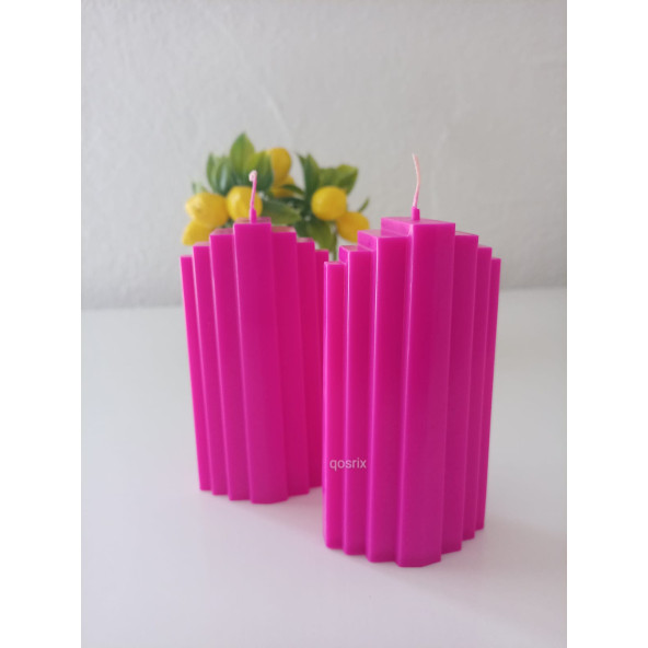 qosrix 2'li Pembe Fuşya Doğal Kokulu Sütun Geometrik şekil Kule Mum Dekoratif - 2