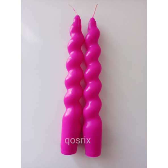 qosrix 2'li Pembe Fuşya İtalyan Burgulu Şamdan Mumu Doğal Kokulu Uzun Çubuk Konik Burgu Spiral Mum Dekoratif - 3