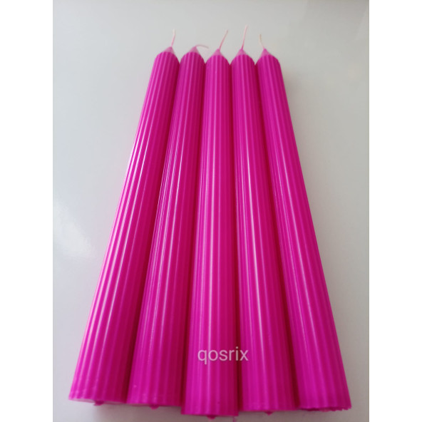 qosrix 5'li Pembe Fuşya Şamdan Mumu 1. Kalite Doğal Kokulu Uzun Çubuk Konik Mum Dekoratif - 2
