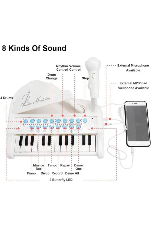 Oyuncak 24 Tuşlu Mp3 Çalar Özellikli Mikrofonlu Mini Piyano-Beyaz - Resim 3