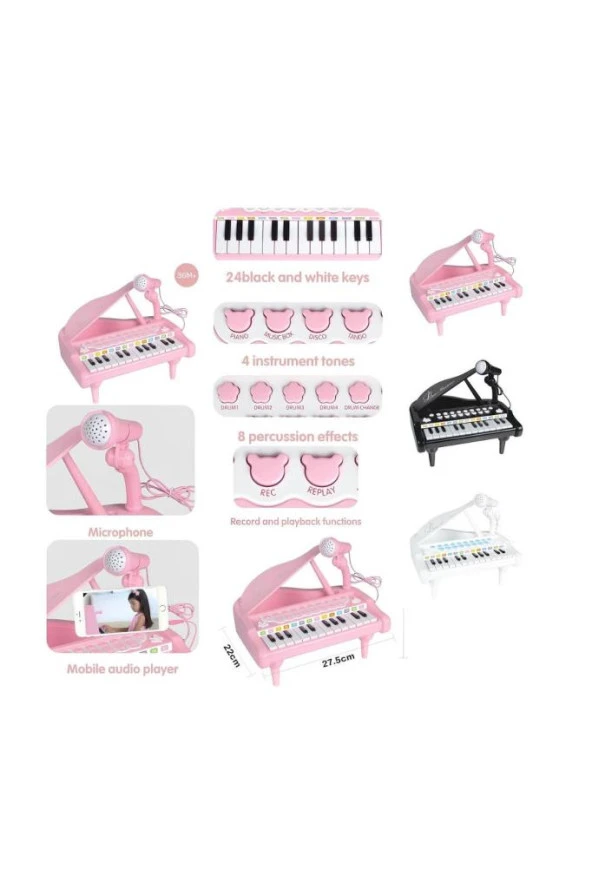 Oyuncak 24 Tuşlu Mp3 Çalar Özellikli Mikrofonlu Mini Piyano-Beyaz - Resim 4