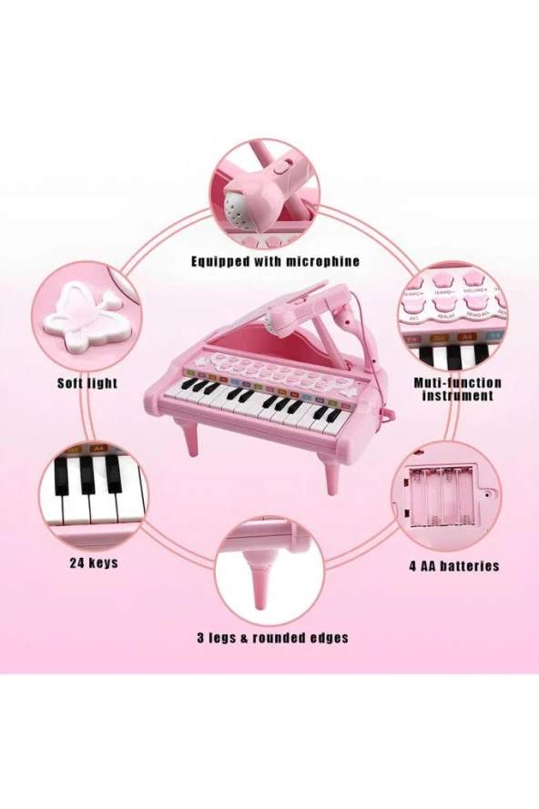 Oyuncak 24 Tuşlu Mp3 Çalar Özellikli Mikrofonlu Mini Piyano-Beyaz - Resim 5