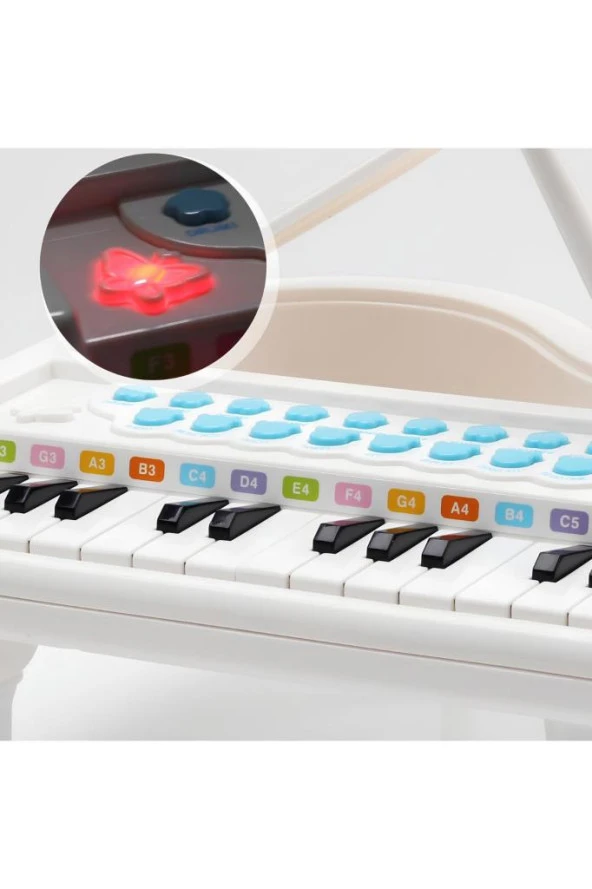 Oyuncak 24 Tuşlu Mp3 Çalar Özellikli Mikrofonlu Mini Piyano-Beyaz - Resim 6