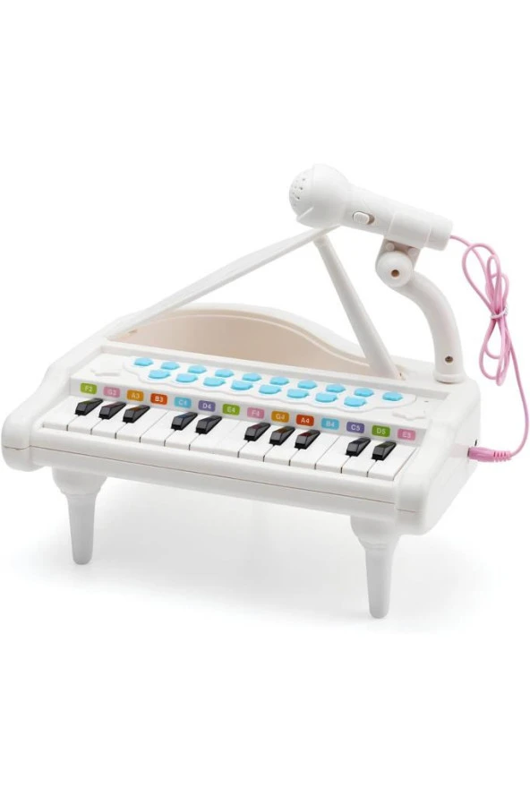 Oyuncak 24 Tuşlu Mp3 Çalar Özellikli Mikrofonlu Mini Piyano-Beyaz - Resim 7