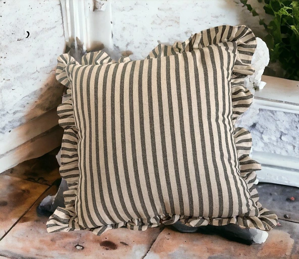 Keten Koyu Mavi Çizgili Bohem Fırfırlı Keten Kırlent Kılıfı - Resim 2