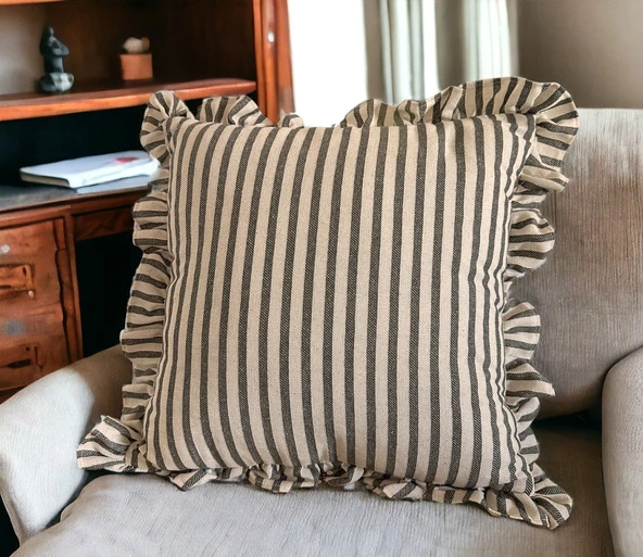 Keten Koyu Mavi Çizgili Bohem Fırfırlı Keten Kırlent Kılıfı - Resim 3