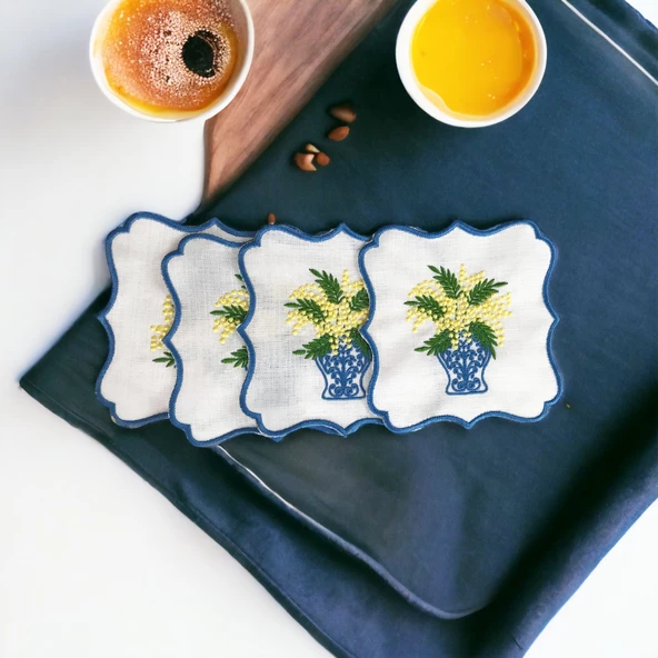 Bleu Blanch Vazoda Limonlar Desenli 4'lü Kokteyl Sunum Peçetesi El İşi Nakış İşlemeli - 3