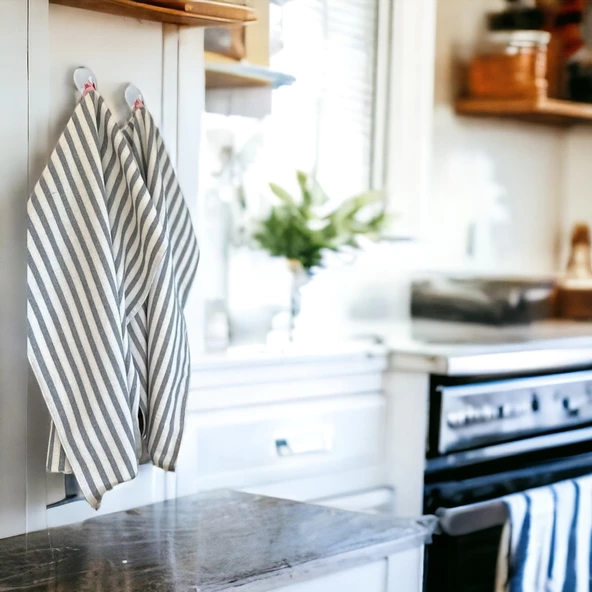 Çizgili Açık Mavi Yıkanmış Keten Dekoratif Mutfak Kurulama Bezi Havlusu - 2