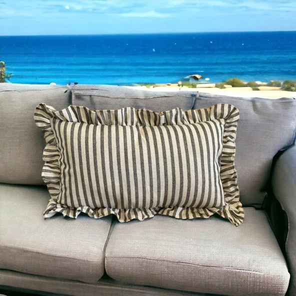 Keten Koyu Mavi Çizgili Bohem Fırfırlı Keten Kırlent Kılıfı ürün görseli