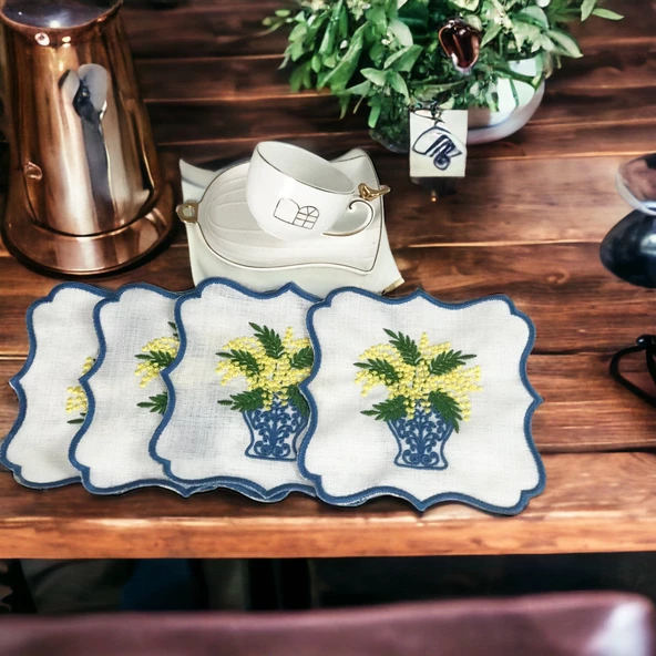 Bleu Blanch Vazoda Limonlar Desenli 4'lü Kokteyl Sunum Peçetesi El İşi Nakış İşlemeli