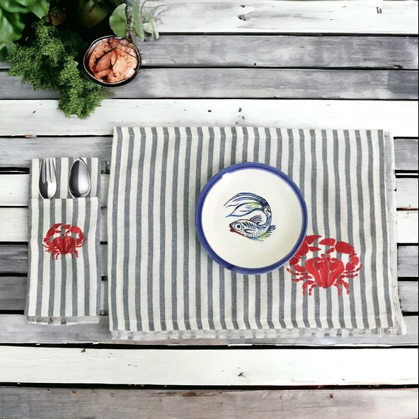 Çizgili Keten Yengeç Nakışlı Amerikan servis ve Çatal kaşıklık Sofra Servis Seti ürün görseli