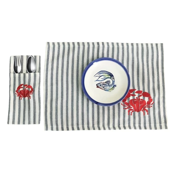 Çizgili Keten Yengeç Nakışlı Amerikan servis ve Çatal kaşıklık Sofra Servis Seti - Resim 2