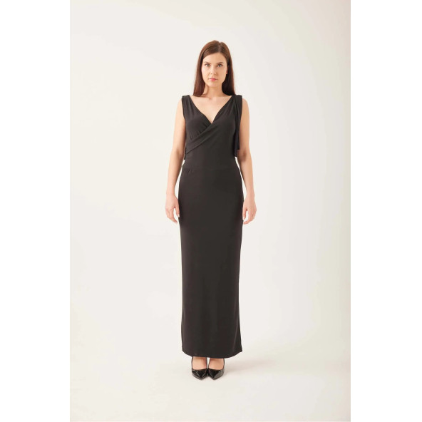 OMUZ BAĞLAMALI SİYAH BUZİ ELBİSE - 4