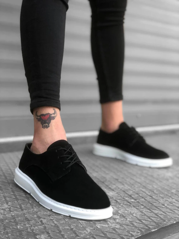 BA0003 Bağcıklı Klasik Spor Süet Siyah Beyaz Yüksek Taban Casual Erkek Ayakkabı - 2