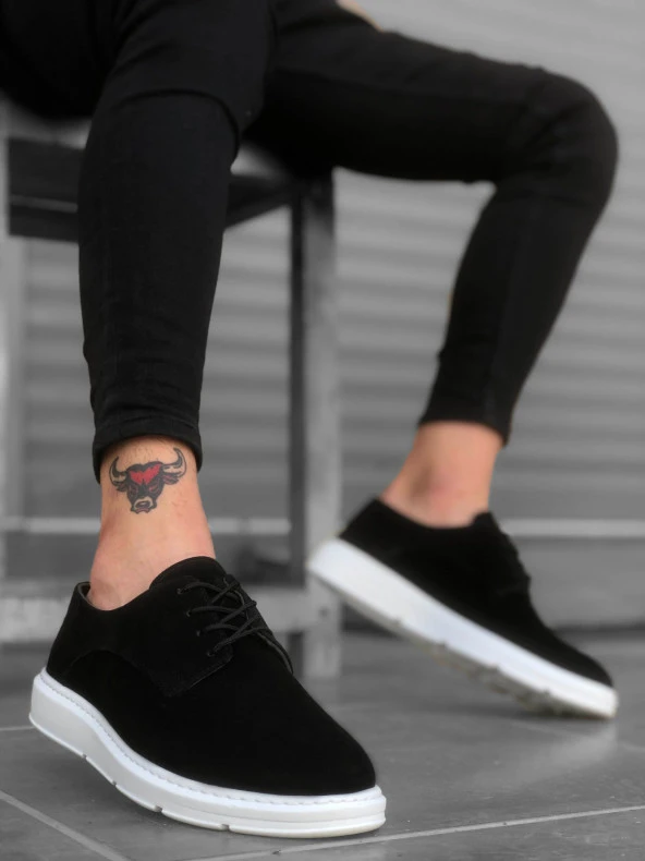 BA0003 Bağcıklı Klasik Spor Süet Siyah Beyaz Yüksek Taban Casual Erkek Ayakkabı - 3