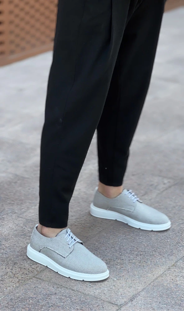 BA0003 Bağcıklı Klasik Spor Gri Renk Keten Yüksek Taban Casual Erkek Ayakkabı - Resim 2