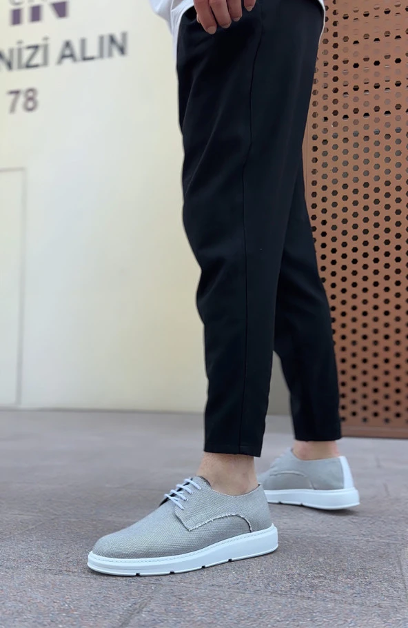 BA0003 Bağcıklı Klasik Spor Gri Renk Keten Yüksek Taban Casual Erkek Ayakkabı - Resim 5