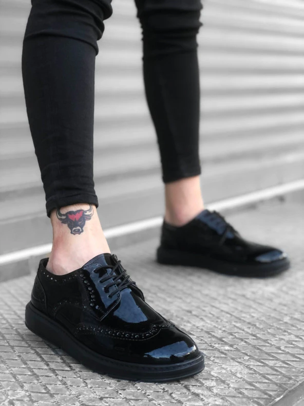 BA0003 Bağcıklı Klasik  Siyah Taban Rugan Yüksek Taban Casual Erkek Ayakkabı - Resim 2