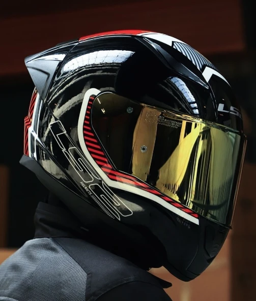 LS2 RAPID 2 RACE EXTRA BEYAZ-KIRMIZI FULLFACE MOTOSİKLET KASKI GOLD CAMLI - Resim 3