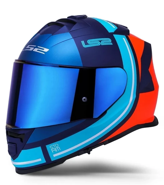 LS2 Storm 2 Slant Mat Mavi Turuncu Kapalı Motosiklet Kaskı Mavi camlı