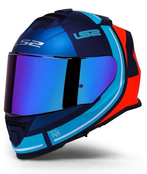 LS2 Storm 2 Slant Mat Mavi Turuncu Kapalı Motosiklet Kaskı Gökkuşağı camlı