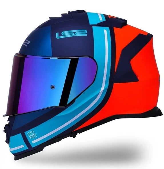 LS2 Storm 2 Slant Mat Mavi Turuncu Kapalı Motosiklet Kaskı Gökkuşağı camlı - 2