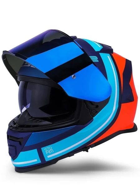 LS2 Storm 2 Slant Mat Mavi Turuncu Kapalı Motosiklet Kaskı Mavi camlı - 4