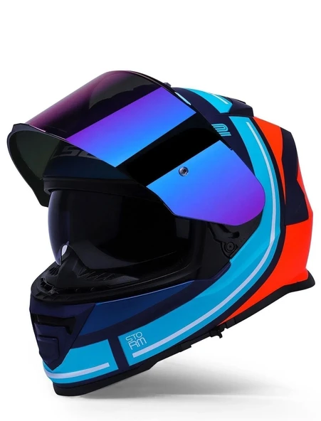 LS2 Storm 2 Slant Mat Mavi Turuncu Kapalı Motosiklet Kaskı Gökkuşağı camlı - 3