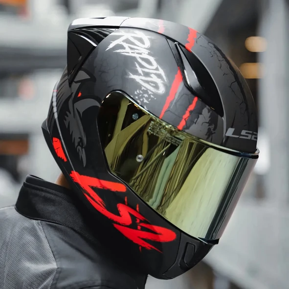 LS2 RAPID 2 RACE RAVEN MAT SİYAH-KIRMIZI KAPALI MOTOSİKLET KASKI GOLD CAMLI - 3