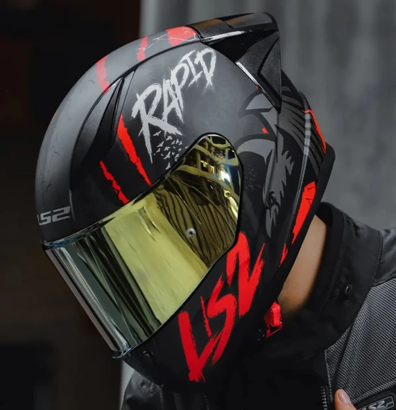 LS2 RAPID 2 RACE RAVEN MAT SİYAH-KIRMIZI KAPALI MOTOSİKLET KASKI GOLD CAMLI