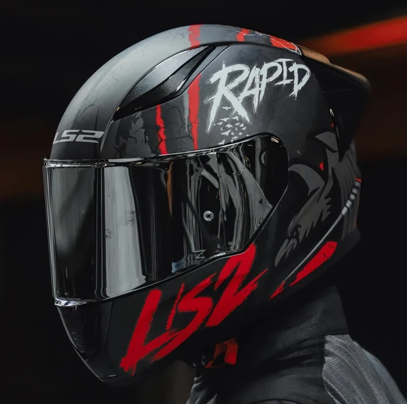 LS2 RAPID 2 RACE RAVEN MAT SİYAH-KIRMIZI KAPALI MOTOSİKLET KASKI GRİ CAMLI - 4