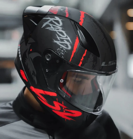 LS2 RAPID 2 RACE RAVEN MAT SİYAH-KIRMIZI KAPALI MOTOSİKLET KASKI ŞEFFAF CAMLI - 2